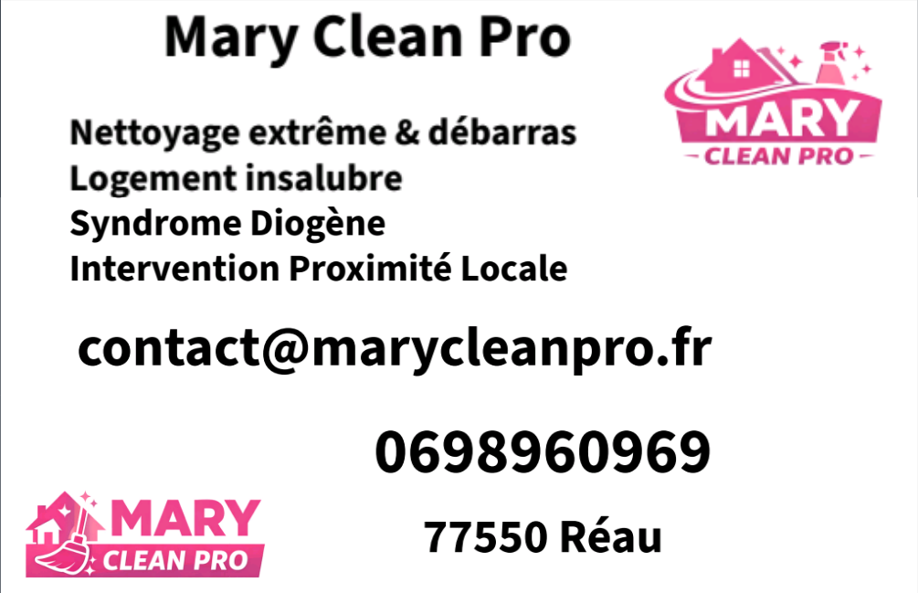 Carte de visite Mary Clean Pro — nettoyage extrême, débarras, 77550 Réau, 06 98 96 09 69